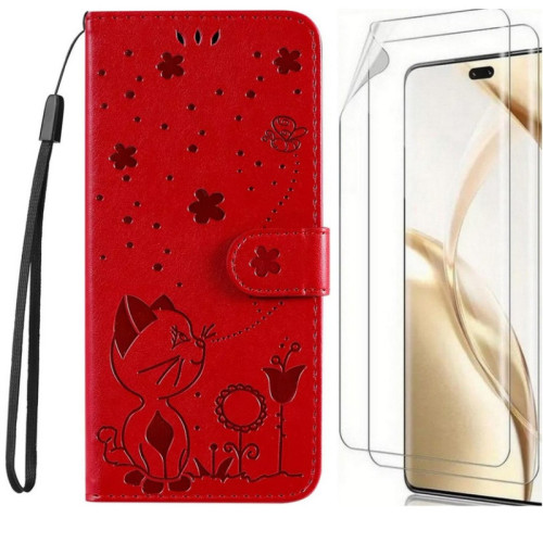 Étui Simili Cuir Pu motif chat fleur papillon Samsung Galaxy S24 Ultra & Protection Écran